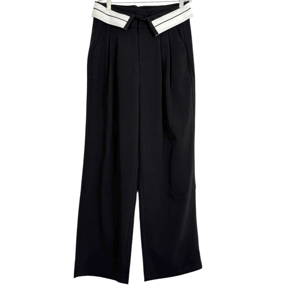 La Chapelle Black Wide-Leg Trousers Women’s XL with White‎ Folded Contrast Waist